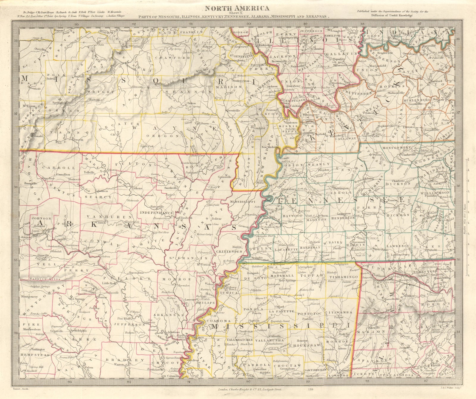 USA. Arkansas Tennessee. MO MS IL IN KY AL. Mississippi River. SDUK 1846 map